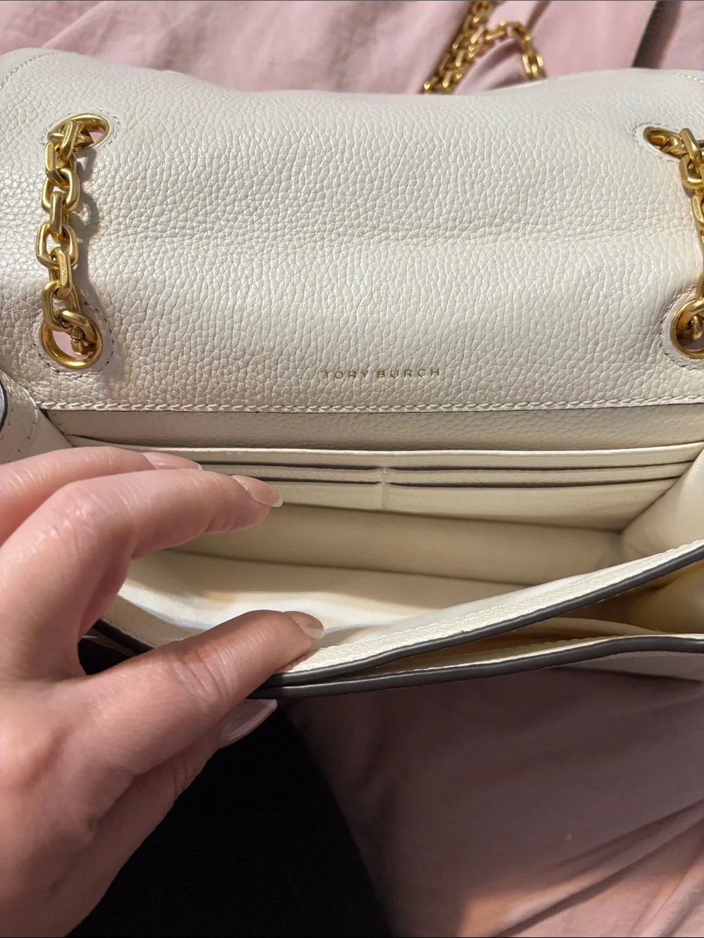 Tory Burch Cream Pebbled Leather Chain-Handle Shoulder Bag with Gold Hardware